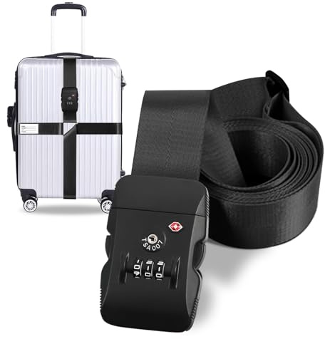 Sangle de Bagage Croisées, Sangle de Valise avec Serrure de Bagage Certifiée TSA, Ceintures de Valise de Réglables avec Étiquette de Bagage (Noir)
