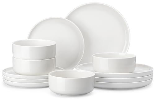 MALACASA, Serie LUNA, 12-teilig Weiß Porzellan Tafelservice Kombiservice Geschirrset, je 4 Speiseteller, Dessertteller, Müslischalen für 4 Personen