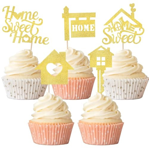 Xsstarmi 30 Packung Sweet Home Cupcake Toppers Glitzer Süßes Zuhause Cupcake Picks Schlüssel Einweihungsparty Kuchendekoration Neues Zuhause Partyzubehör Gold