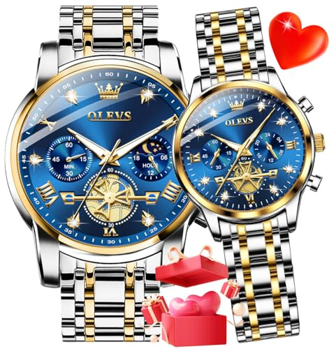 OLEVS Couple Watch His and Her Set Matching Watch Mens Womens Diamond Romantic Valentine’s Day Chronograph