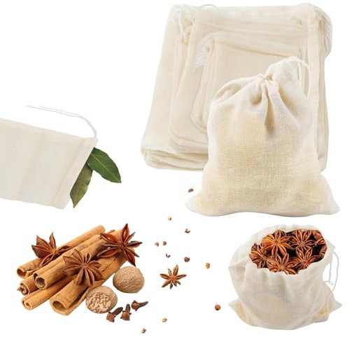 LPZMPZ 30 Stück Gewürzsäckchen Gewürzbeutel zum Mitkochen, Baumwoll Musselin Beutel mit Kordelzug, Teebeutel zum Selbstbefüllen Wiederverwendbar, 3 Verschiedene Größen für Losen Tee, Gewürze