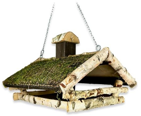GARTENETAGE Hängendes Vogelhaus XL mit Moosdach – Ganzjährige Futterstelle aus unbehandeltem Birkenholz für heimische Vögel – Wetterfestes Vogelfutterhaus mit großem Silo, Schutz vor Regen & Schnee
