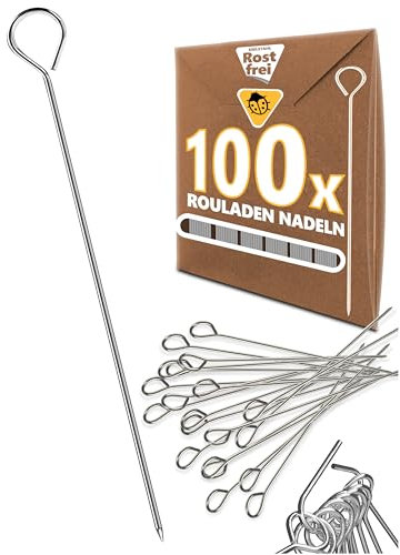 Menz Aghi per involtini – Aghi per involtini in acciaio inox inossidabile, set da 100 pezzi, spiedini lunghi 10 cm con occhiello e punta affilata come alternativa alle mollette per involtini