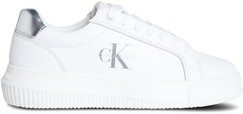 Calvin Klein Sneaker con Suela Cupsole Mujer Chunky Silver de Piel, Blanco (Bright White/Silver), 38