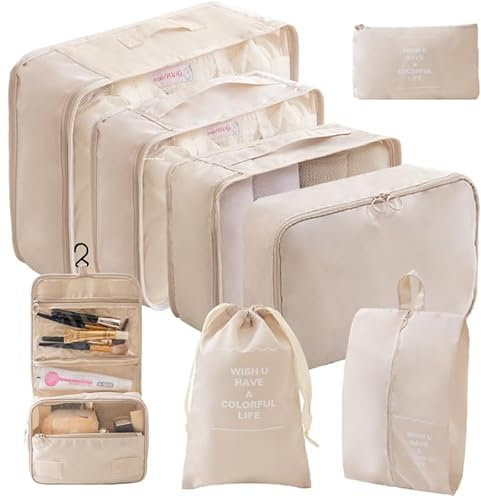 Packing Cubes Resväska arrangör set 8 delar – vattentäta packkuber och klädväskor – researrangör för resväskor med kosmetikväska, skopåse och kabelväska (beige)