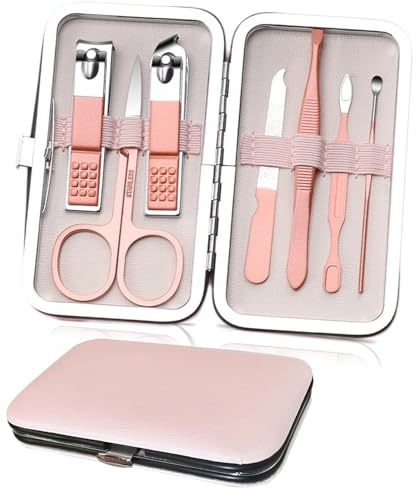 Manicure Set Professional Nail Clippers Kit Pedicure Care Tools-Stainless Steel Grooming Tools for Travel (Pink-7pcs)