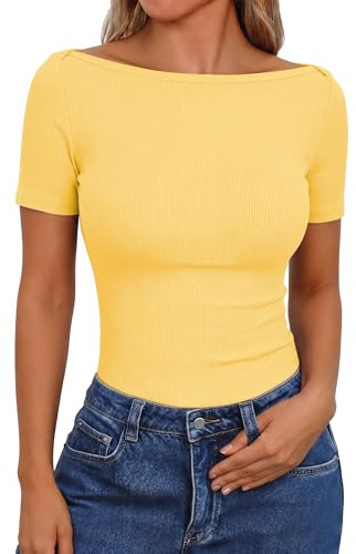 Aottori T Shirt Donna a Coste Manica Corta Slim Fit Estiva Giallo XXL