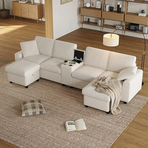 Canapé en angle 315 cm, 4 places avec pieds de repos, grand canapé en U confortable, doté de 2 supports pour boissons, 1 port USB, 2 prises électriques et 2 ports Type-C, sièges profonds et larges