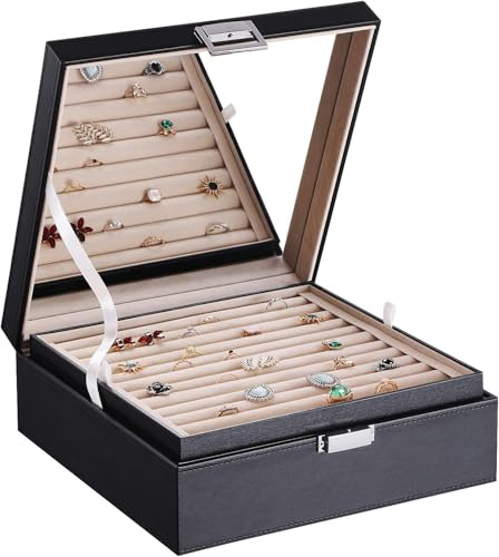 BEWISHOME Joyeros Organizador de Anillos y Caja para Pendientes-11 Ranuras para Anillos, 25 Compartimentos para Pendientes,Bandeja de Joyería de 2 Capas Almacenamiento de Gemelos, Joyero Negra ESSH21B