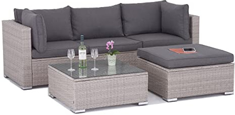 Enjoy Fit polyrattan lounge sittgrupp trädgårdsmöbler set poly rotting uppsättning 3 sittplatser, modell Bali, rotting: ljusgrå/överdrag: grå