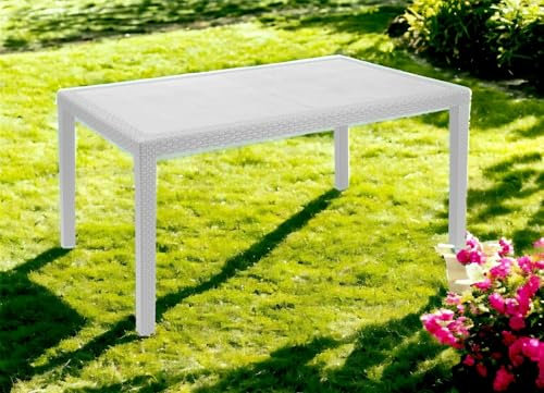 Dmora - Außentisch Imola, festes rechteckiges Regal, Mehrzweck-Gartentisch mit Rattan-Effekt, 100 % Made in Italy, 138 x 78 x 72 cm, Weiß