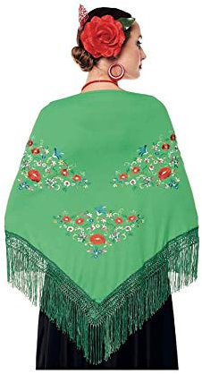 Châle Manille Chulapa Femme 【Taille adulte 150 x 60 cm 】[Couleur verte] Déguisement Chulapas Châle Flamenco brodé Saint Isidro
