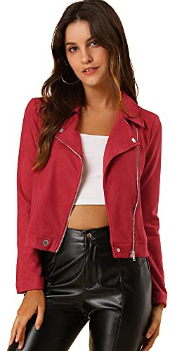 Allegra K Chaqueta de motociclista corta de gamuza sintética suave con cremallera para mujer, Rojo -, M