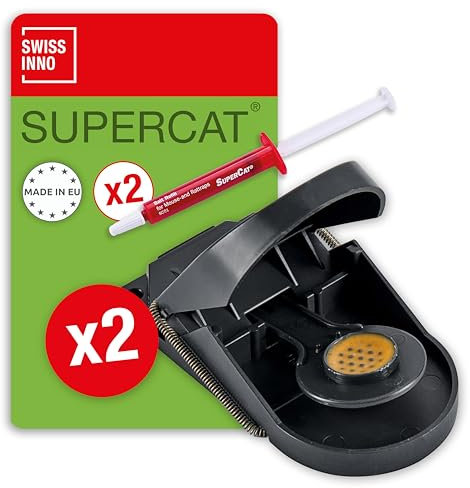 SWISSINNO Piège à Souris SuperCat - Tapette Souris - Efficace + Réutilisable avec Appât au Beurre de Cacahuète - Capture Rapide - Utilisation Intérieure et Extérieure - 2 Pièges + 2 Seringues d'Appât