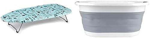 Beldray LA023735SEW Table Top & Desk Ironing Board, 73 x 31cm + Beldray LA034816 Oval Collapsible Laundry Basket Foldable Washing/Clothes Basket