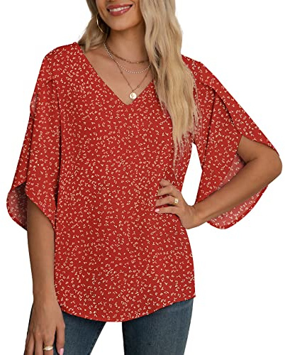 Yommay Chiffongblus för kvinnor damtoppar elegant ledig lös 3/4 veckad delad ärm V-hals sommarblus t-shirts, Blomma vinröd, L