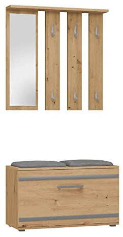 CDF Garderobe Opal | Farbe: Eiche Artisan | Großer Spiegel | Kleiderbügel | Geräumiger Schuhschrank | Ideal für Diele, Flur | Praktische Ablagen | Modernes Design