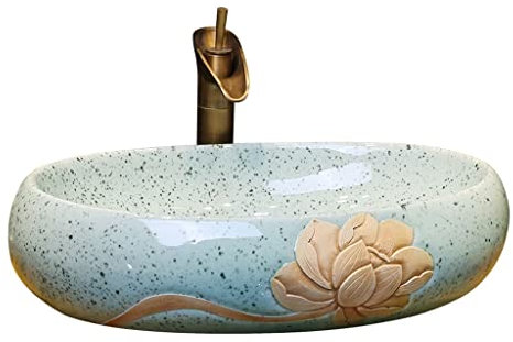 DACUDA Unterbauwaschbecken, Badezimmerwaschbecken, ovales Keramikwaschbecken, Lotusmuster, Kunst-Aufsatzwaschbecken, Badezimmerutensilien, Waschbecken mit Wasserhahn, Badezimme