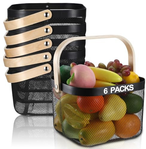 Roshtia Black Metal Mesh Basket with Wooden Handle, Square Wire Storage Basket for Pantry, Bathroom, Kitchen, Retail Display, Farmers Market Carry, 9.65 in