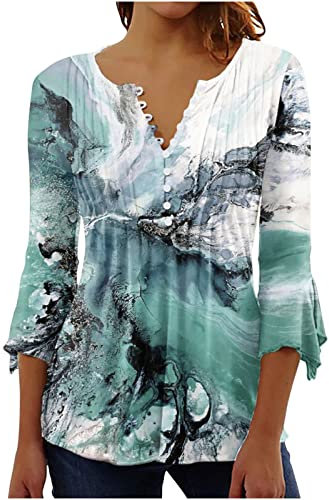 AnnSemo 3/4 Sleeve Tops for Women UK Summer V Neck Button Down Shirts Elegant Floral Printed Tunic Tops Flowy Pleated Blouses Casual Going Out Vintage Plus Size T-Shirts