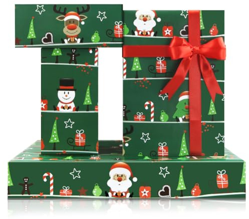 Julgröna omslagspapper, 4 ark presentpapper med rött band, 50 x 70 cm per ark, jultomten snögubbe ren hanrej alf för familj vänner barn till jul eller födelsedag