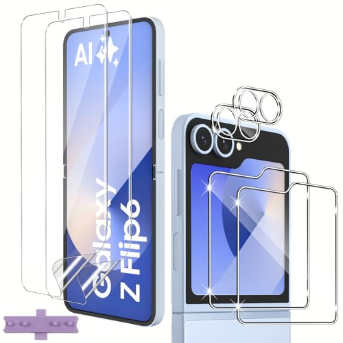 QULLOO Verre Trempé pour Samsung Galaxy Z Flip 6/Flip6 5G, 2pcs Avant 9H Dureté Protection Écran + 2 pcs Flexible TPU l'intérieur Protecteur D'écran + 2 pcs Caméra Protecteur, HD Transparent Film