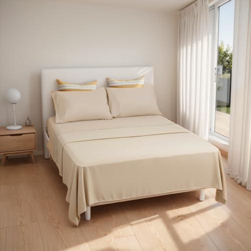 ETREXONLINE Set Lenzuola Matrimoniali 4 Pezzi per Letto 180x190/200cm, Completo Lenzuola Microfibra Traspirante Ultra Morbido - Include 1 lenzuolo sopra, 1 lenzuolo con angoli e 2 federa - Beige
