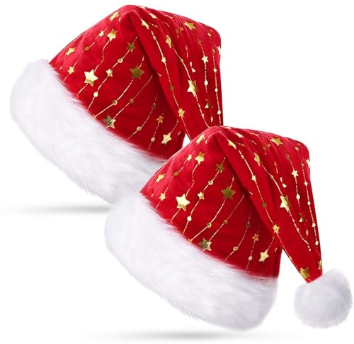 Bonnet Noel, 2 Pcs Bonnet de Noel Adulte, Chapeau Noel avec Motif étoile, Unisexe Homme Femme Chaud Peluche Bonnet de Père Noel, Accessoires Noel Nouvel Décoration