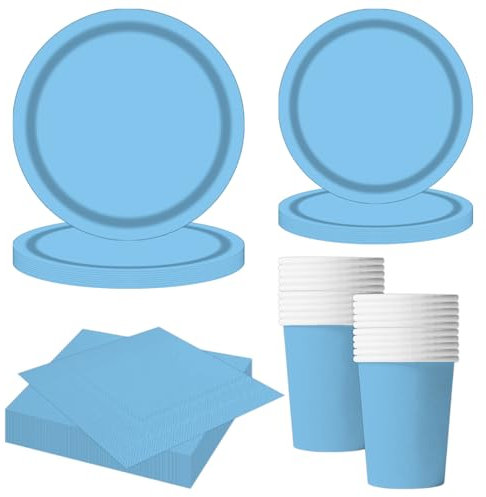 MORAINJAY Ensemble de Vaisselle de Fête Bleu Clair 68 Pièces, Assiettes en Papier, Tasses, Serviettes, Vaisselle pour Anniversaire, Mariage, Baby Shower, Diplôme, Anniversaire, Fête de Vacances
