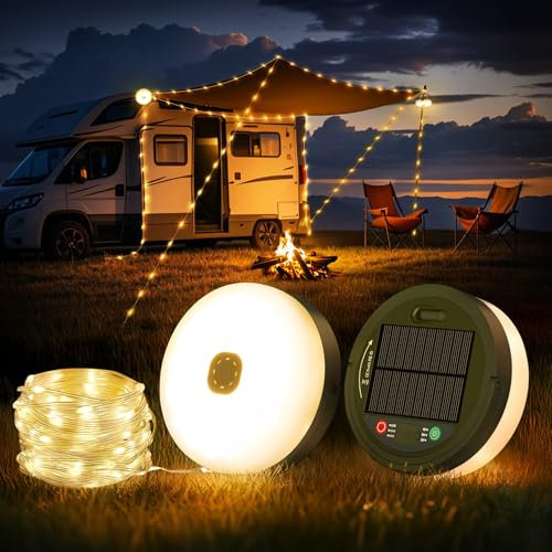 FOMYHEARD 10M Catena luminosa da campeggio arrotolabile, portatile 3 in 1, con 8 modalità di illuminazione, Solari & USB ricaricabile, impermeabile luce da campeggio per campeggio, escursionismo
