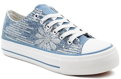 IMTY Womens Canvas Sparkly Trainers Lace Up Glitter Chunky Sole Low Top Platform Baseball Sneakers Ladies Flat Fashion Pumps (Blue Sequin, UK Footwear Size System, Adult, Women, Numeric, Medium, 6)