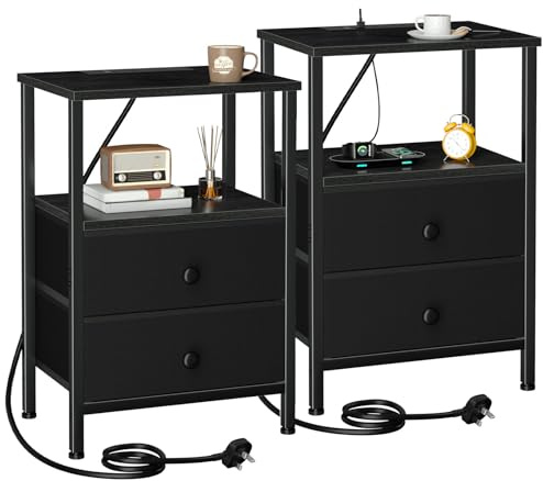 AMHANCIBLE Bedside Table Set of 2 with Charging Station, Nightstand with 2 Fabric Drawers, Small Side Table with Open Storage Shelf, Bedside Cabinets for Living Room, Bedroom, Black UHETS020BK