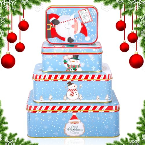 TEBOKHAD Weihnachts-Keksdosen-Set Aus Metall, 4 Keksdosen in S, M, L, XL, Keksdose Weihnachten Mit Schneemann & Weihnachtsmann-Motiven, Plätzchendosen Für Plätzchen, Lebkuchen & Süßigkeiten