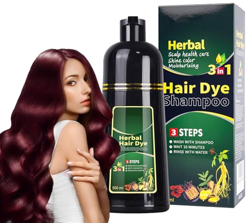 Virecose Rojo Vino Champú Tinte de Pelo 500ml, Hair Dye Shampoo, Champú de Color Para el Cabello Instantáneo, Shampoo Color Tinte de Pelo en Minutos Champú Tinte Mujer y Hombres