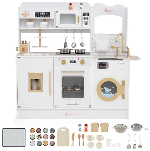 COSTWAY Kinderküche, Spielküche mit 22 Zubehörteilen, Holzküche mit Herd, Wasserhahn, Mikrowelle, Kaffeemaschine, Toaster & Eisspender, Licht und Sound, Spielzeugküche für Kinder ab 3 Jahren (Weiß)