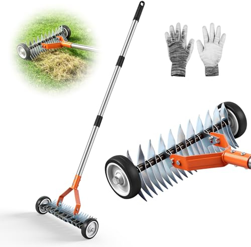 Scarificatore manuale da giardino, manico telescopico, lunghezza massima 1,66 m, rimozione di paglia e muschio, struttura in acciaio premiata con manico Twist Lock
