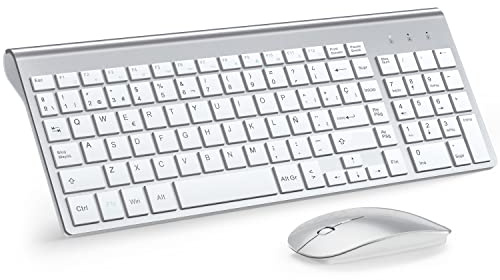 TopMate Pack Teclado y Raton 2400DPI, Inalámbricos Ultra Delgado, 2.4G Compacto Silencioso Teclado de Tamaño Completo con Cubierta, 2 Pilas AA y AAA, para PC/Laptop/Windows-Blanco Plateado