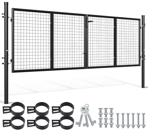 Portail de jardin en métal, double battant, 300 x 100 cm, tube rond, robuste, pour allée/commerce, pour panneaux à double fil (anthracite)