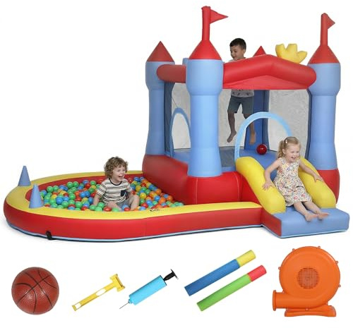 AIYAPLAY Château gonflable avec souffleur, parc aquatique gonflable, toboggans, trampoline, piscine à balles, panier de basket, pistolet à eau, extérieur/intérieur, pour enfants 3-8 ans, 342x255x209cm