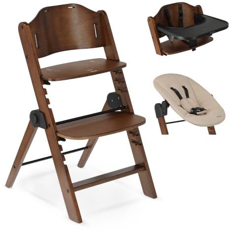 DERYAN Odin - Wooden High Chair Made of Beech for Children from 0 Months to 85 kg - Includes 5-Point Strap, Crotch Strap, Protective Bar - Compatible with Many Accessories - Brown/Nougat