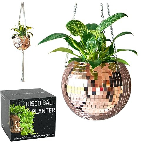 SCANDINORDICA Discokugel blumentopf - Spiegelkugel hängende blumentöpfe, diskokugel Pflanzen, discokugel deko übertopf makramee, Geschenk Freundin | Disco Kugel pflanzentopf – 20 cm Rosegold