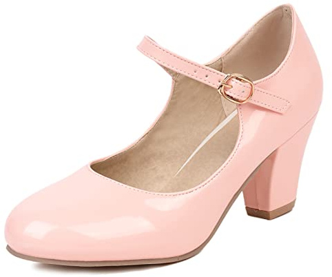 Lizoleor Mary Janes Femme Talon Carré Bout Fermé Bride Cheville Boucle De Mariée Fête Elegantes Vernis Rose Taille 37 EU/38CN