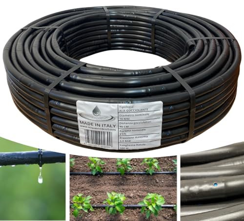 acquaverde | Ala Gocciolante ø 16 mm Passo 40 cm con Gocciolatore Doppio Foro 2 L/H SUPER, Rotolo da 100 mt, Tubo In Polietilene per Irrigazione a Goccia Automatica, Nero - Orto Facile
