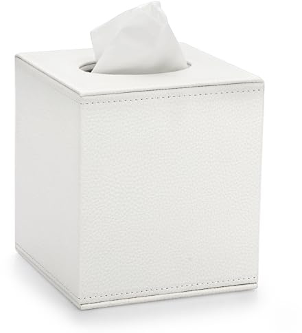BTSKY PU läder kub näsdukshållare låda - hushåll/kontor fyrkantig näsdukslåda fodral, texturerad näsdukslåda fodral servetthållare, vit