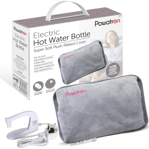 Powatron Electric Hot Water Bottle Rechargeable - Electric Heat Pad with Overheat Protection, Soft Sherpa Cover, 430W Power & Detachable Connector | Perfect for Home & Office (Grey)