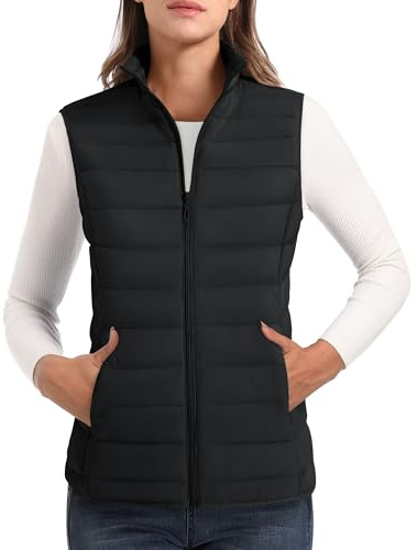 MAGCOMSEN Black Puffer Vest Women Sleeveless Lightweight Quilted Zip Up Jacket Stand Collar Padded Outerwear Down Vests with Pockets L