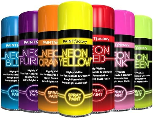 AlezyB - 7 Mix Cans Fluorescent Neon Spray Paint Multipurpose Aerosol DIY Graffiti (Banksey) N0 CFCs Extra Bright Assorted Colours Paint Blue Green Orange Pink Yellow Red Purple 200ml - A3