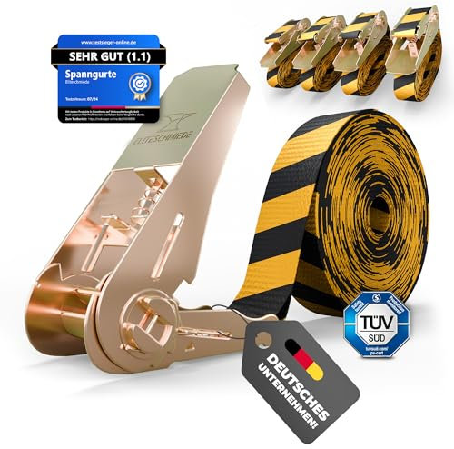 EliteSchmiede 4er-Set Spanngurte mit Ratsche – Zurrgurte in extra Warnfarbe [4m / 6m] TÜV/GS-geprüft nach DIN EN 12195-2 | 800 kg Tragkraft | Robuste Ratschengurte zur sicheren Ladungssicherung