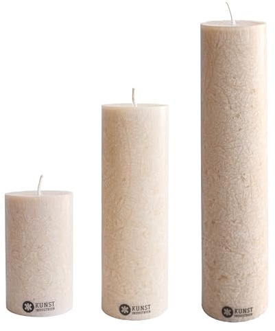 Kunstindustrien® Candela pilastro, fatta a mano in Europa, confezione da 3 – Vegan, 100% cera di oliva riciclata, candele a lunga combustione 68 ore, candele da chiesa senza fumo e antigoccia (3 pezzi