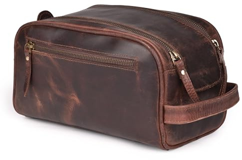 Premium Leather Toiletry Travel Pouch with Waterproof Lining - Dark Brown | King-Size Handcrafted Vintage Dopp Kit Bag by Leather Village